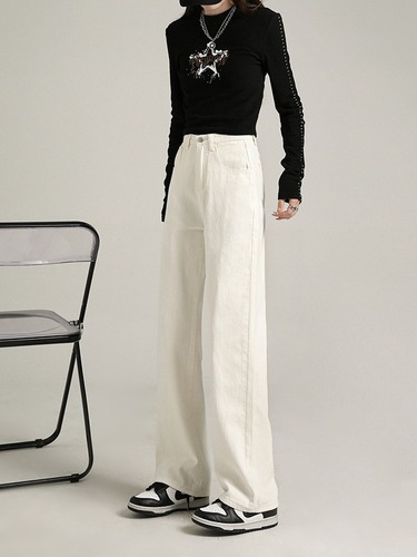 White denim skinny straight-leg pants for women, suitable for spring and autumn, high-waisted, slimming, loose wide-leg pants, trendy