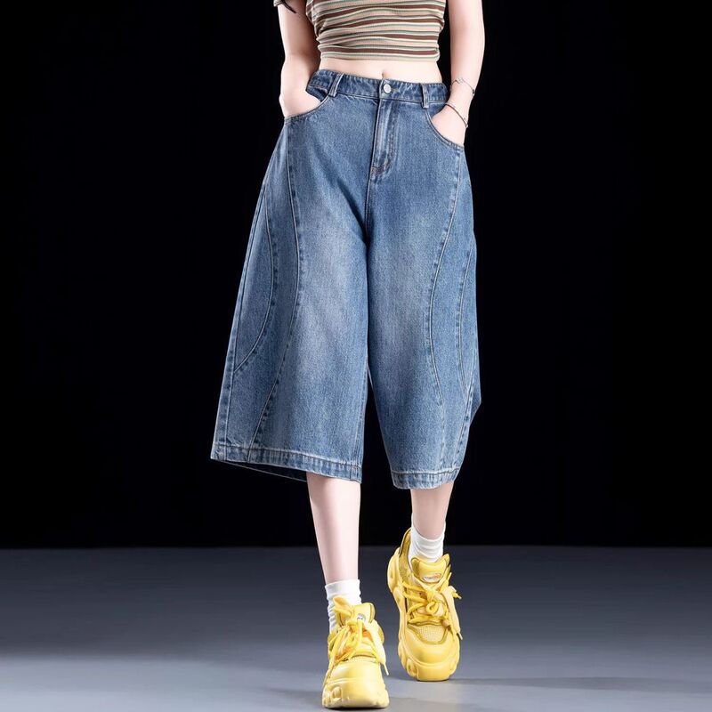 American-Style High Street Denim Shorts for Women, Summer Thin Design with Patchwork, Straight Loose Fit, Versatile Trendy Five-Point Hot Pants