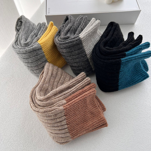 Sheep velvet contrasting color stitching socks for women's leg covers pile socks autumn and winter knitted warm socks calf socks
