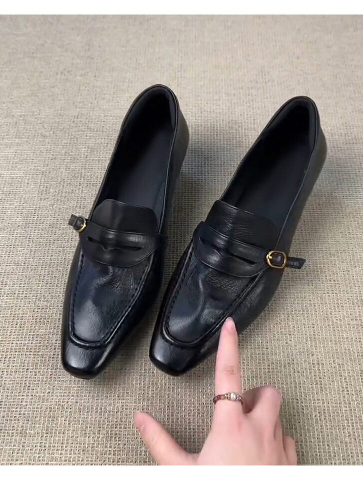 Giày lười nữ da bò mũi vuông gót thô 4 cm phong cách retro, khóa cài, giày công sở xỏ chân — Màu nâu (4cm) hàng có sẵn, Màu đen (4cm) hàng có sẵn chi tiết 5