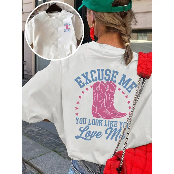 【European Size Cotton T-Shirt】2026 Fashion New Style Round Neck Design for Women Playful Western Style Excuse Me Cow