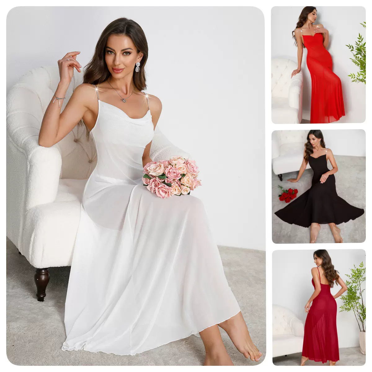 慕菲跨境亚马逊金属链肩带吊带长裙荡领性感网纱睡裙多色可选879