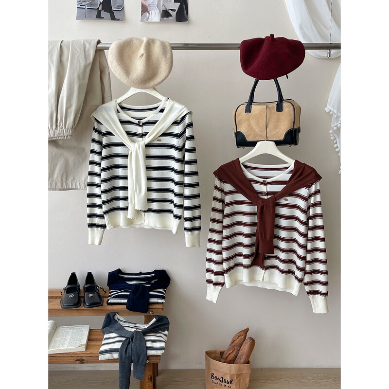 Japanese and Korean Retro Soft Wool Blend Striped Knit Cardigan for Women Autumn Shawl Layered Outerwear Two-Piece Set Top