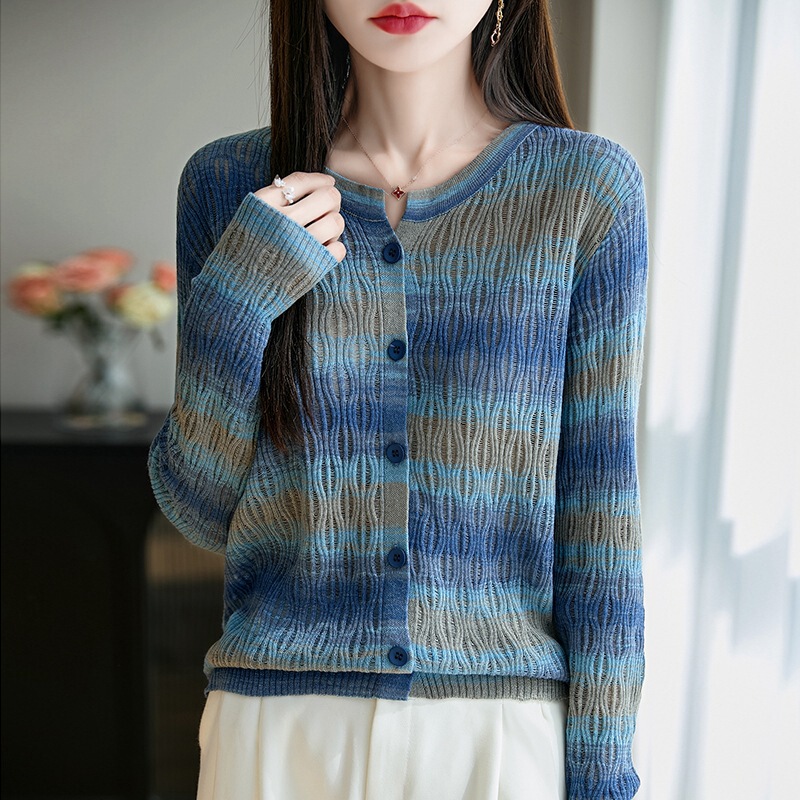 2025 spring and summer new vintage age-reducing rainbow striped worsted wool round neck knitted cardigan hollow top women
