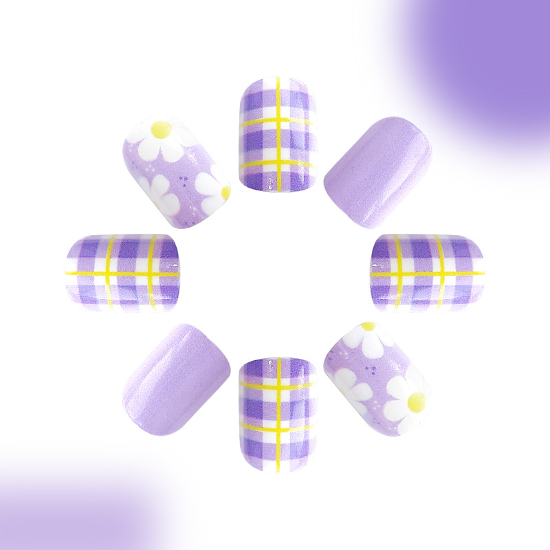 Short glossy square nail early spring plaid purple flowers summer fresh sweet ins wear nail detachable 24 pieces_voghion.com