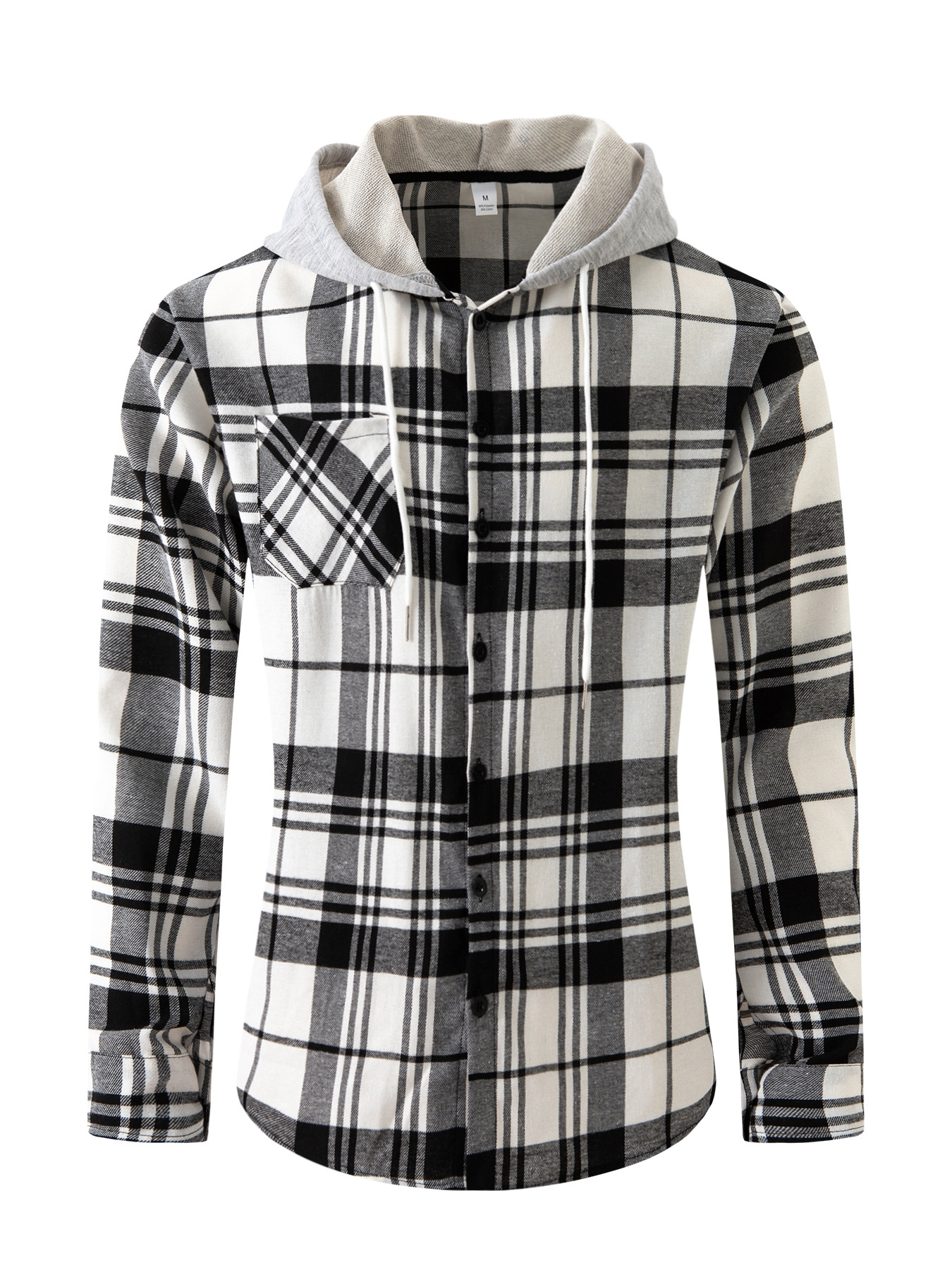 Men's Monochrome Long-sleeve Cotton Blend Hooded Plaid Shirt_voghion.com