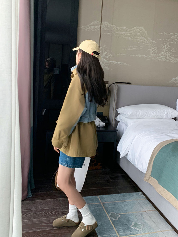 咖色牛仔拼接翻领风衣女2025初春秋新款气质显瘦减龄宽松休闲外套|undefined