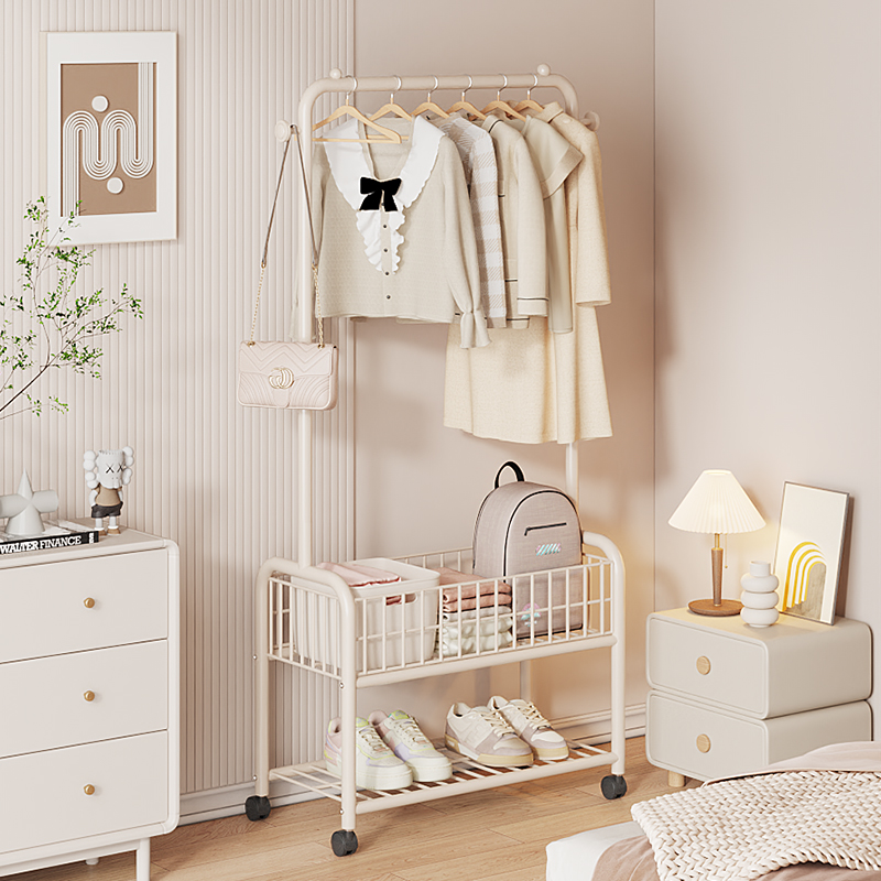 All-Metal Bedroom Floor-Standing Clothes Rack, Double-Layer Household Mobile Coat Rack, Small Apartment Storage Rack