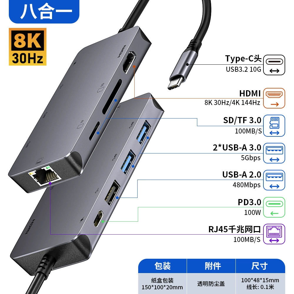 Док-станция Type-C с расширением, HD 4K дисплей, USB3.0/гигабитный сетевой порт, сплиттер, восьмив-один HUB