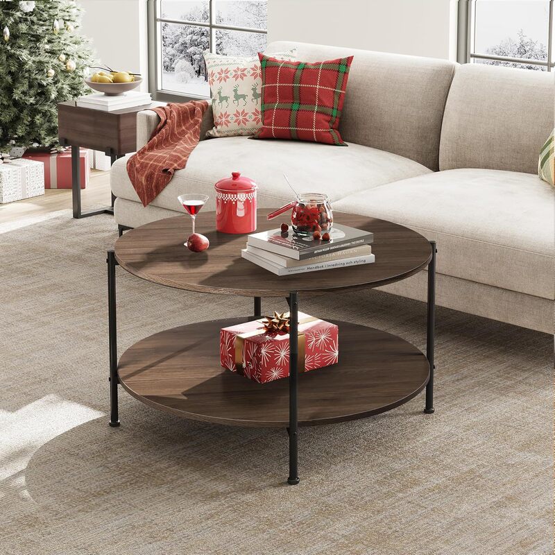 Farmhouse Style Casual Round Brown Two-Tier Coffee Table with Iron Legs Sturdy Stable Multiple Spaces Available Space Saving