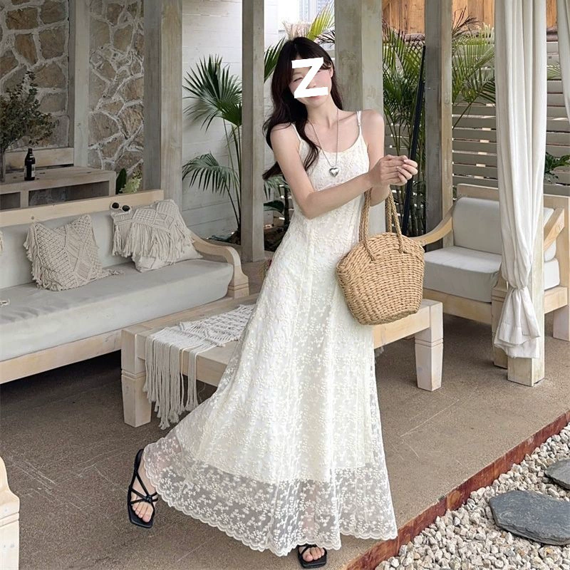 Новое летнее платье-миди французского стиля 2025 года с кружевными подвязками,  утончающее, скрывающее живот, для путешествий.