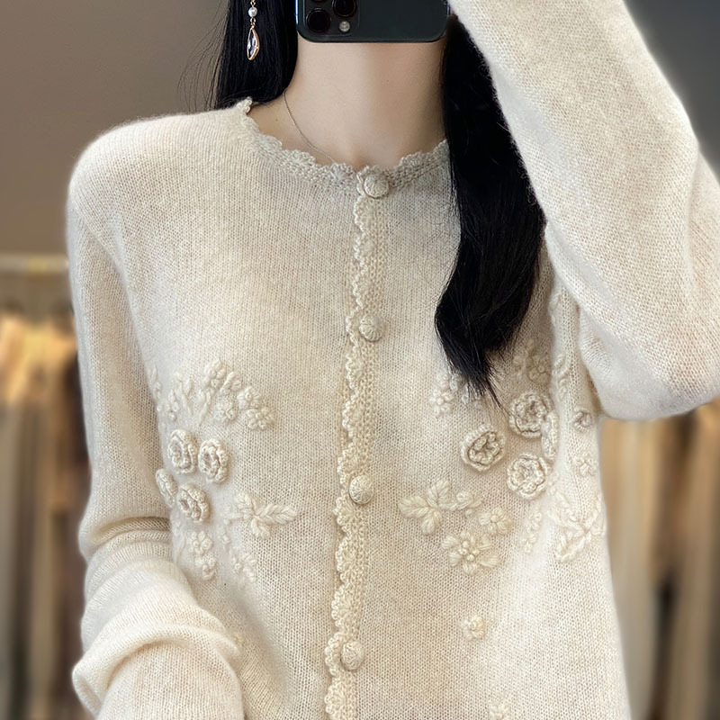 100% 純ウールカーディガン女性丸首重工鉤花セーターコートゆるい甘いカジュアルセーターニット上着|undefined