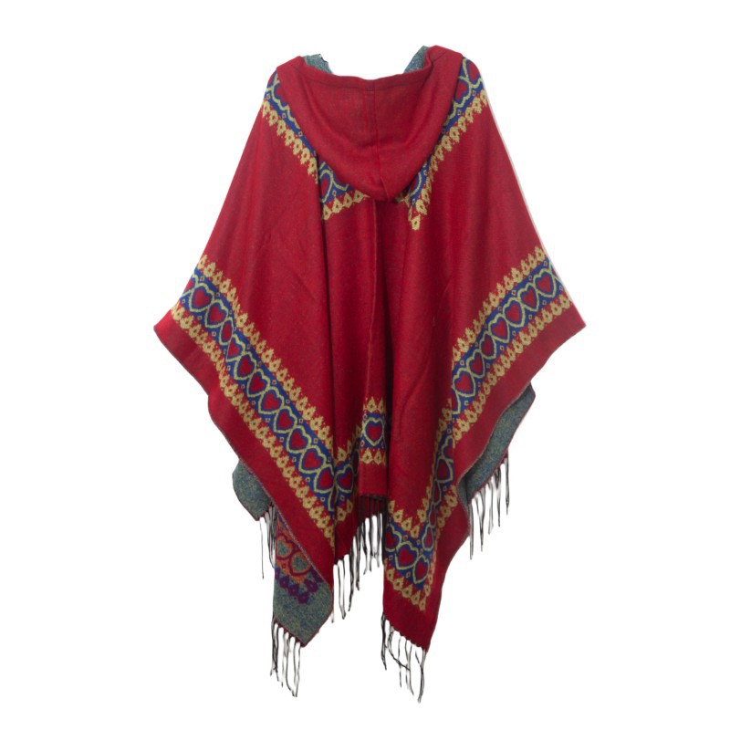 Mantello invernale unisex con scialle primaverile e autunnale Stile etnico Mantello con cappuccio con frange rosse Love_voghion.com