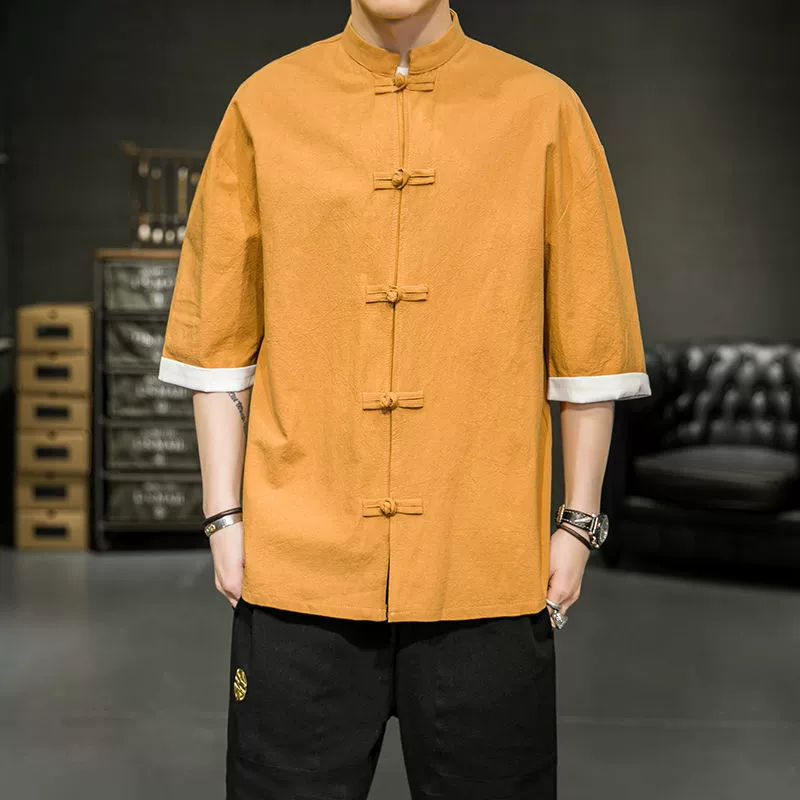 Летний китайский стиль мужской льняной рубашки с короткими рукавами