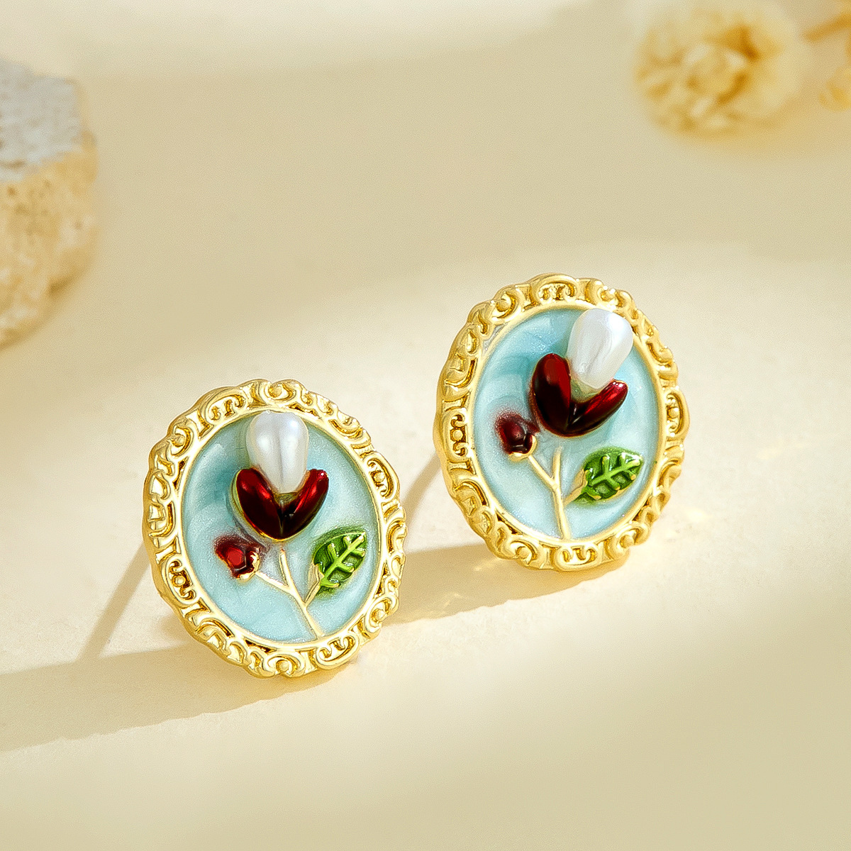 Pintura al óleo medieval estilo moda todo-fósforo pintura de perlas gotas de aceite pendientes de flores estilo dulce diseño de nicho pendientes mujeres