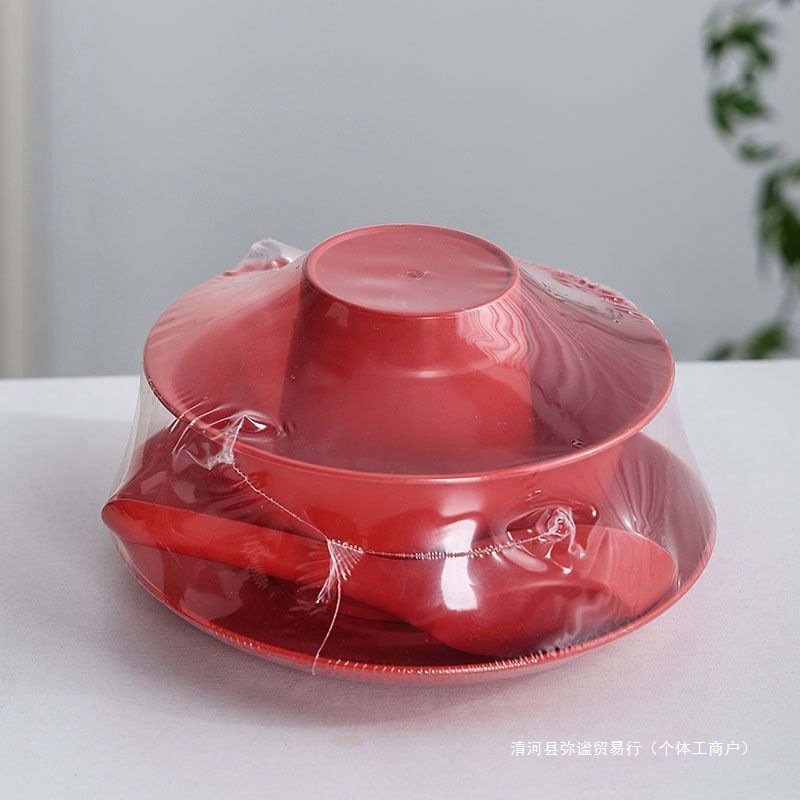 红色稻壳一次性餐具四件套装碗筷加厚结婚寿宴酒席过年饭店