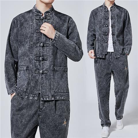 中国風メンズデニムジャケット男性セットレトロ盤ボタン刺繍唐装青年立襟ゆるい潮牌コート|undefined
