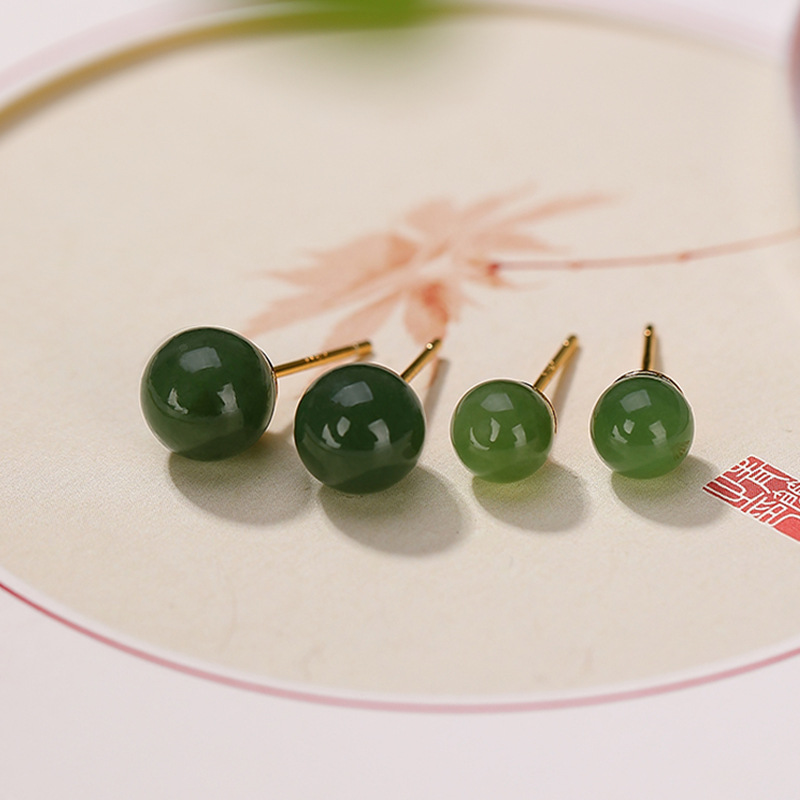Bông tai nữ bạc S925 mạ vàng đính đá jasper thiên nhiên hạt tròn — Mẫu mạ vàng 8mm (không có đốm đen)
