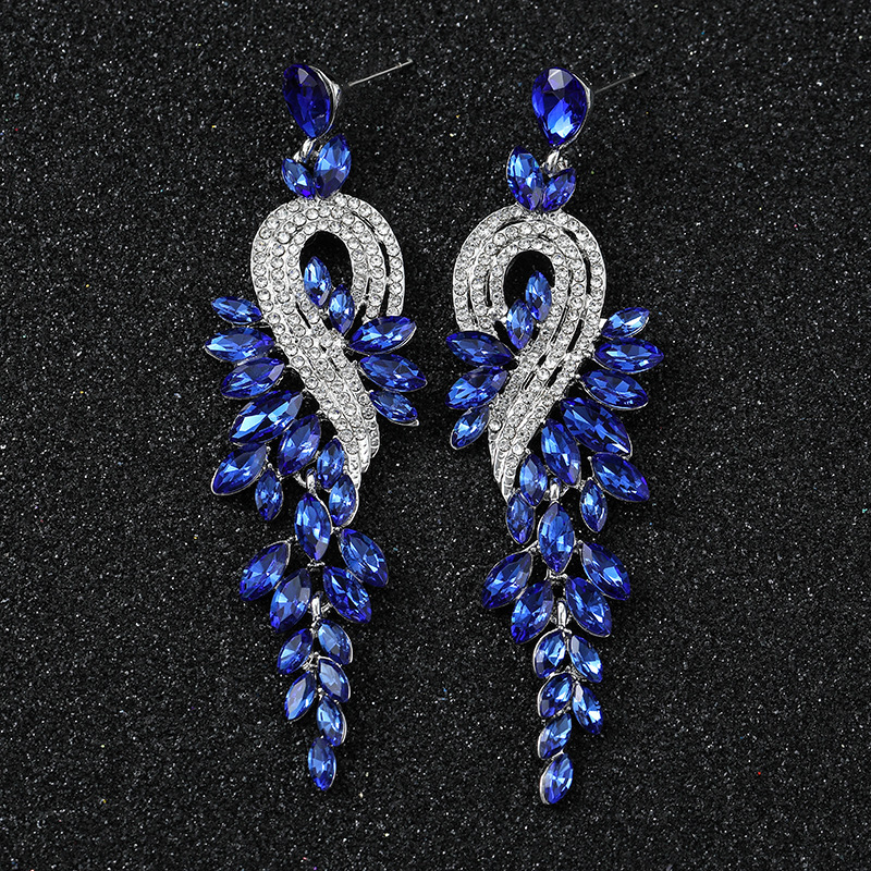 European and American fashion earrings long crystal royal blue silver earrings bridal wedding earrings singer stage performance birthday dinner earrings