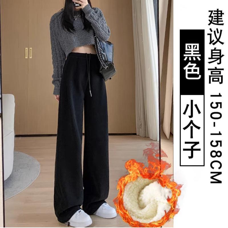 秋冬の女性用ホワイトグレーベルベットスウェットパンツ、ハイウエストワイドレッグルーズレギンススウェットパンツ、厚みのあるシェルパアウターコットンパンツ