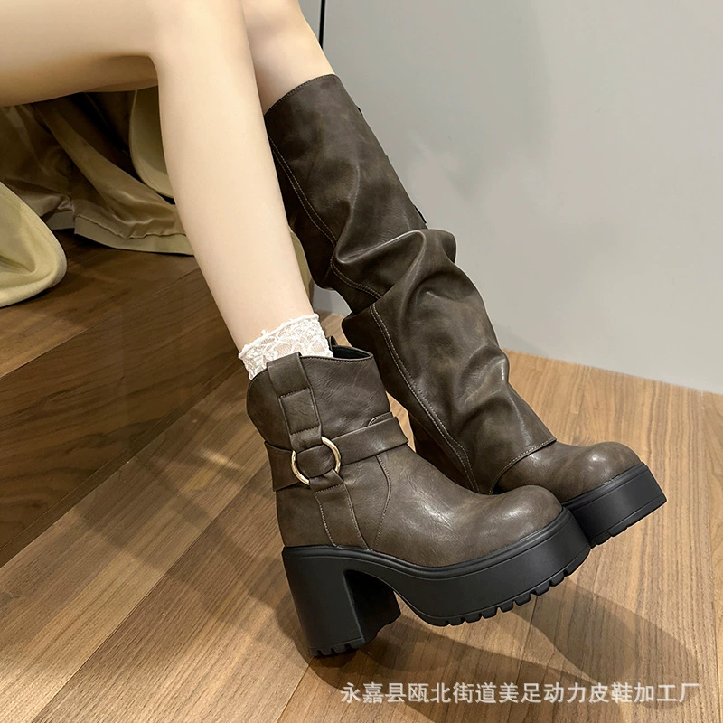 Meitu Power 2024 осень-зима новый дизайн брюки сапоги толстые каблуки сапоги рыцари сапоги высокие сапоги модные короткие сапоги