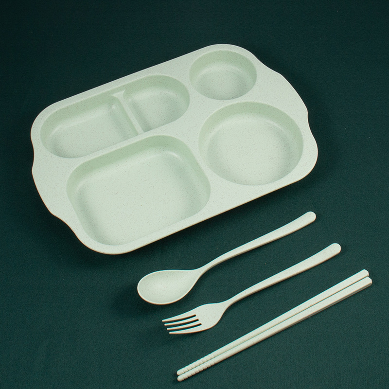 Paja DE TRIGO vajilla infantil conjunto de cuatro piezas engrosada estudiante compartimiento plato palillos tenedor cuchara 4 piezas cantina plato de arroz image 4