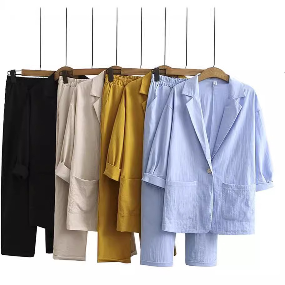 Women's Cotton and Linen 2-piece Suit Jacket Pants Autumn Loose Fashion Casual Cotton and Linen Suit Top suit