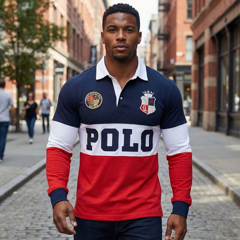 Autumn Polo Shirt for Men, Long-Sleeved, High-Quality, European and American Style, British Royal Casual Sports, Embroidered Floral, Turn-Down Collar, Color-Blocking