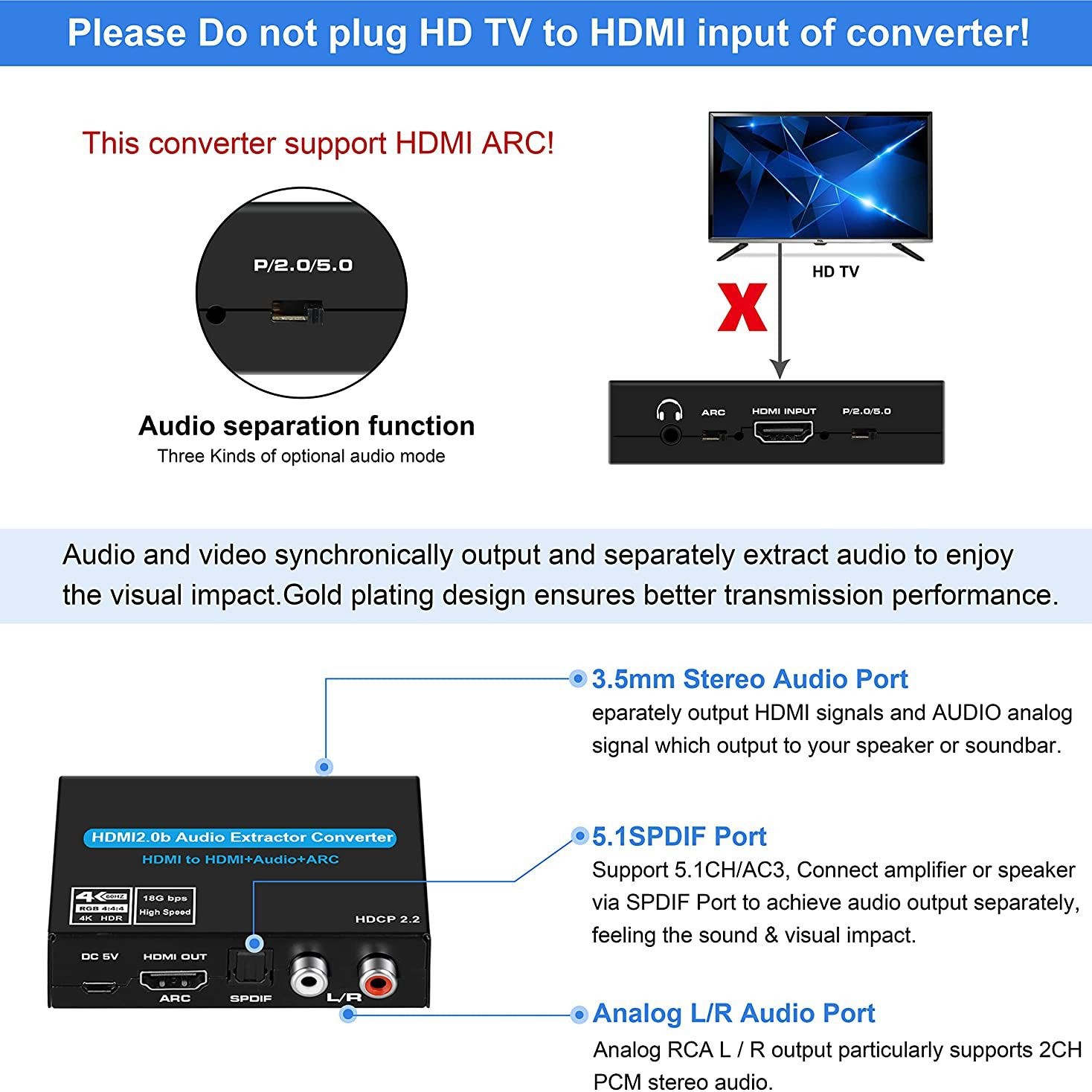 Hdmiオーディオスプリッタarc + 光ファイバー + 左右チャンネル4k60hz hdcpクラッキングオーディオデコード