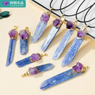 跨境天然水晶蓝晶石长条吊坠不规则水晶长条包边项链饰品配件批发
