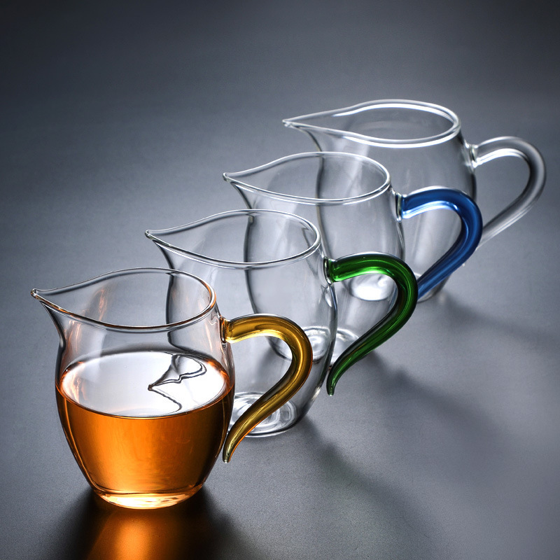 加厚透明彩把玻璃公道杯高硼硅玻璃杯彩把玲珑公杯茶海茶道分茶器
