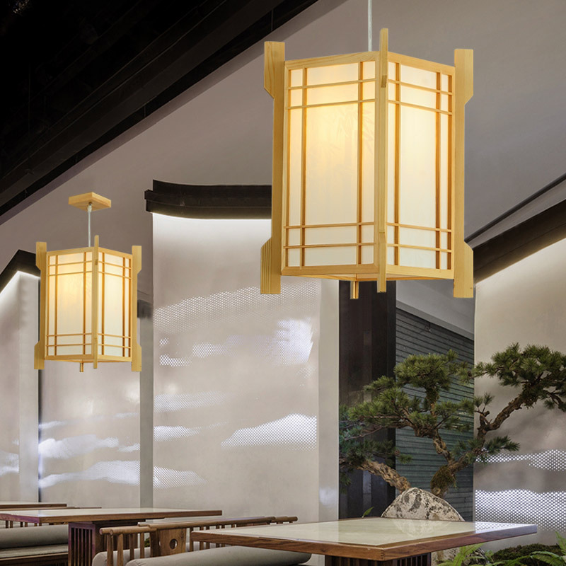 Araña de estilo japonés restaurante de olla caliente lámpara de restaurante de madera maciza creativa Nordic log Bird Cage chandelier lámpara de Bar de estilo coreano