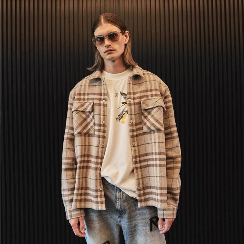 REPRESENTAR REP azul a cuadros de manga larga camisa Americana los hombres y las mujeres la misma letra R impreso Top otoño moda