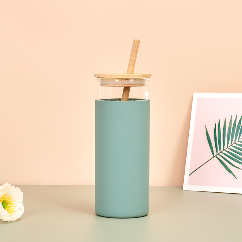 Vaso de vidrio con tapa de madera de bambú transfronterizo ins con pajita, copa de paja de vidrio de borosilicato de aislamiento térmico de una sola capa, patrón impreso