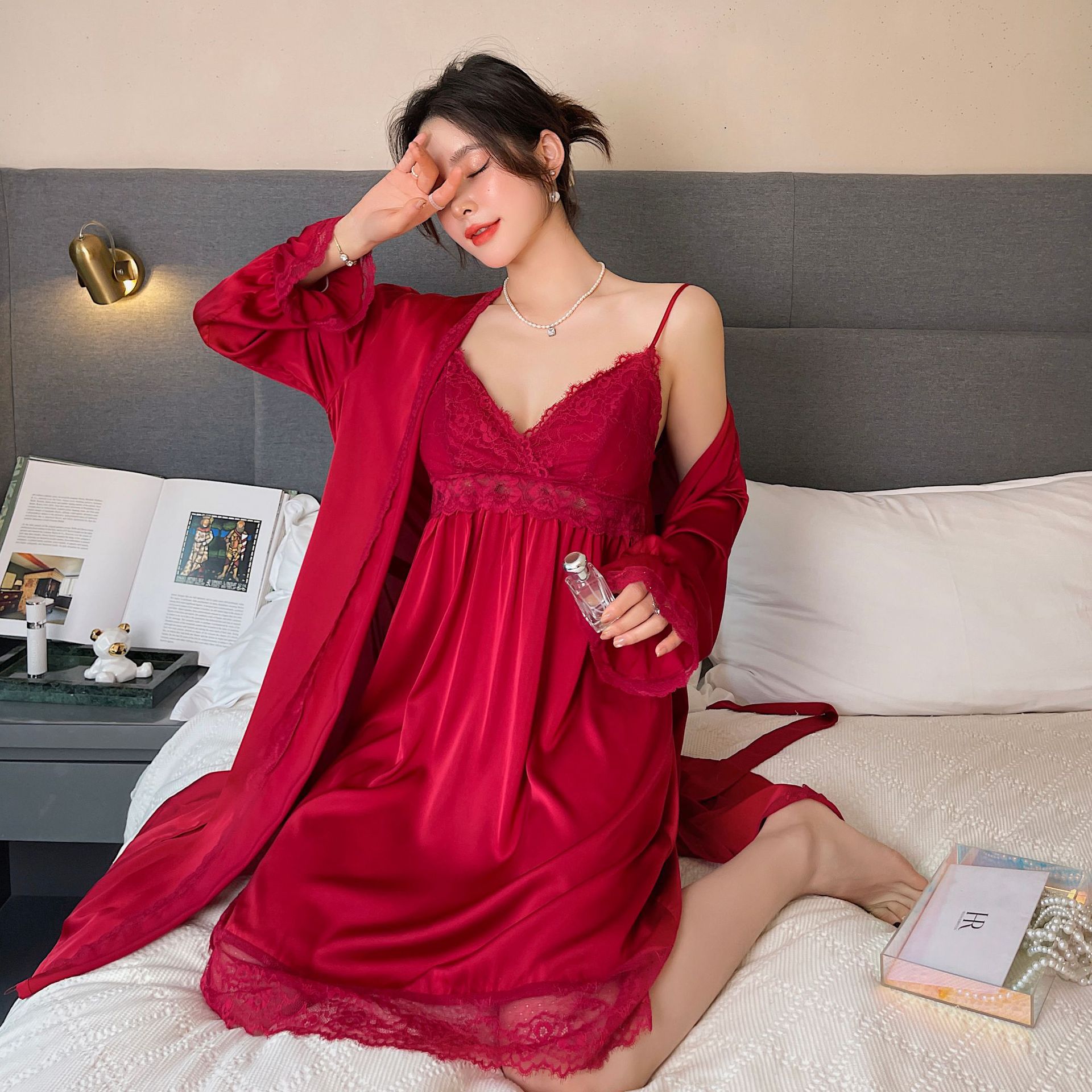 Pajamas Women's Ice Silk Summer Sexy Suspender Nightdress Plus Long Nightgown Suit Long-sleeved Lace Temptation Home Service Silk