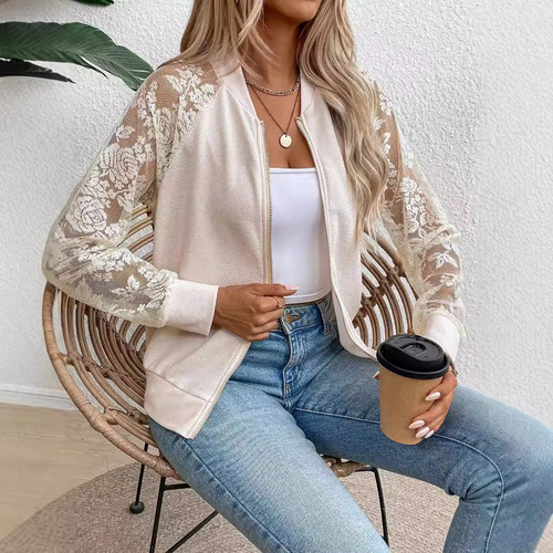 Eurasian Cross-border 2025 Spring New Elegant Women's Lace Patchwork Long-Sleeve Baseball Collar Jacket Top Outerwear