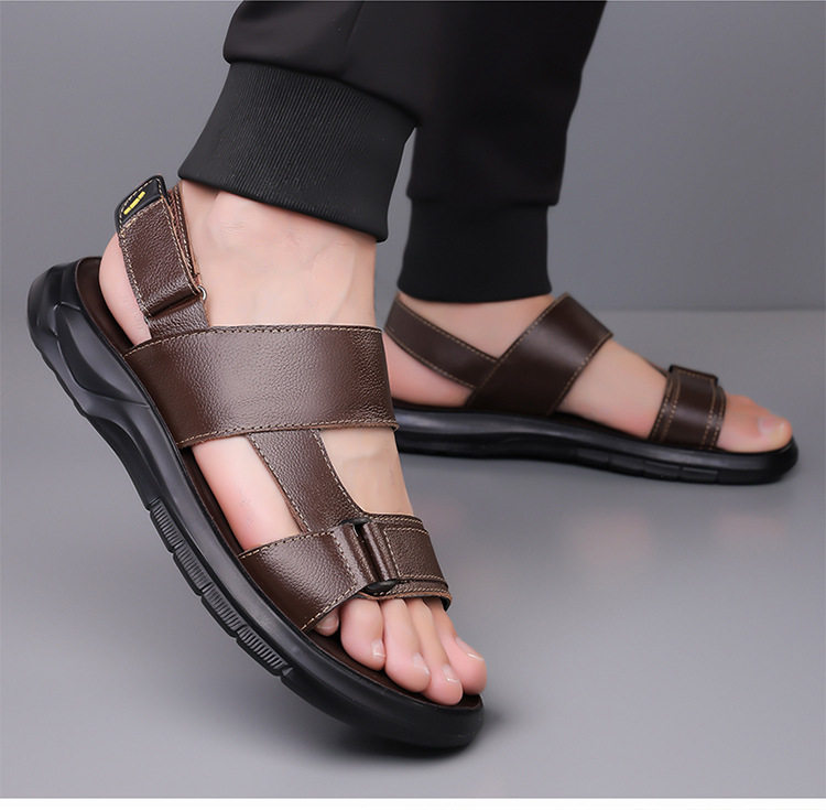 Dép sandal nam da bò đi biển quai dán đế dày mềm — Màu nâu, màu đen chi tiết 16
