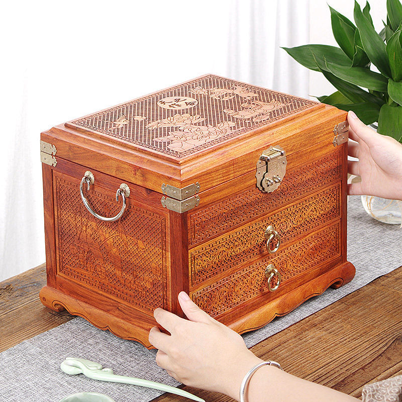 Exquisite Solid Wood Drawer Jewelry Box, High-End Mahogany Large-Capacity Necklace, Hand Jewelry, Watch Storage Box with Lock Compartment