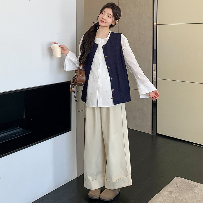 实拍现货 韩系大码时尚镂空衬衫＋牛仔马甲工装阔腿裤套装女|undefined