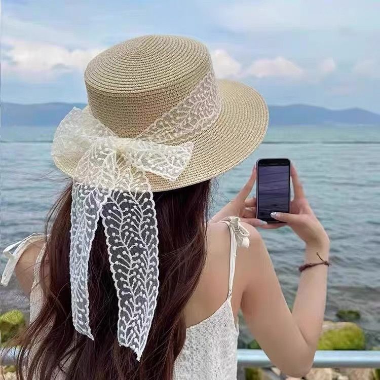 2026 New Style Straw Hat for Women with Large Brim, Beach Sun Hat, Fashionable and Versatile Lace Bow Sun Hat