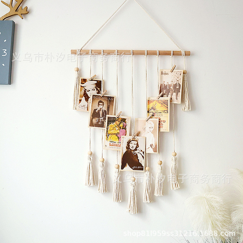 Cross-Border Hanging Photo Storage Tassel Wooden Bead String Decoration Home Decor Wall Hanging Bohemian Photo Wall