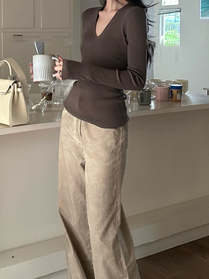 奶茶色V领针织衫修身百搭气质时尚显瘦内搭打底衫紧身羊绒毛衣女 4