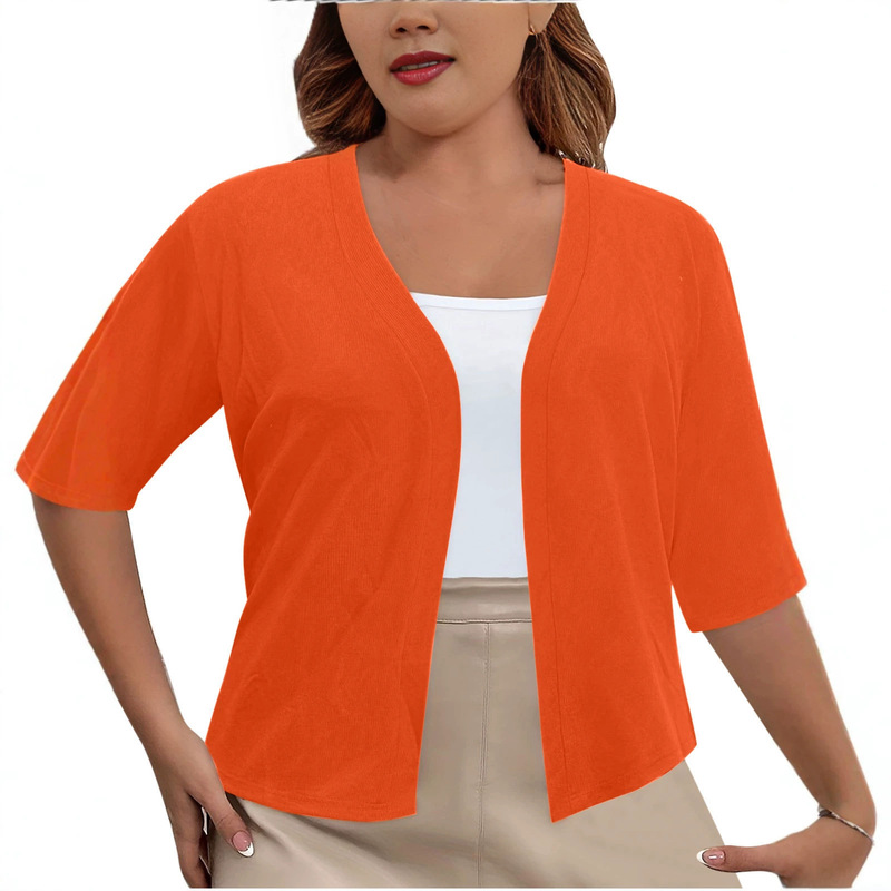 Amazon's New European and American Plus Size Women's Elegant Tops Pure Color Shawl Short-Sleeved Cardigan Knitwear