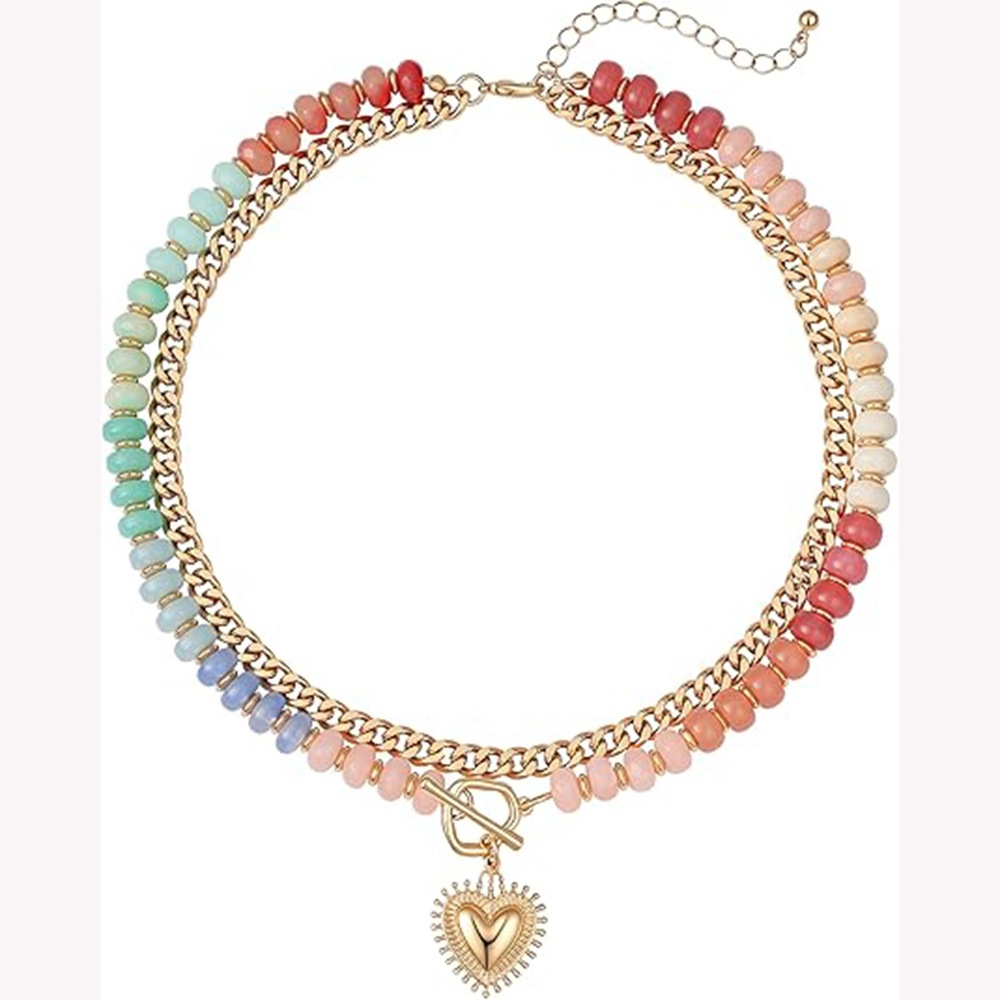 Tk Women's Heart Pendant Necklace Dopamine Colorful Beaded Heart Necklace Summer Beach Bohemian Necklace