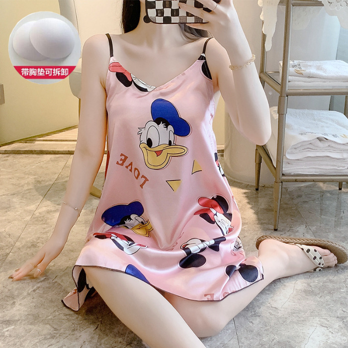 2024 pijama de verano cinta de simulación cojín de pecho delgado de dibujos animados sexy vestido de pijama de ropa de casa de mujer vestido unificado