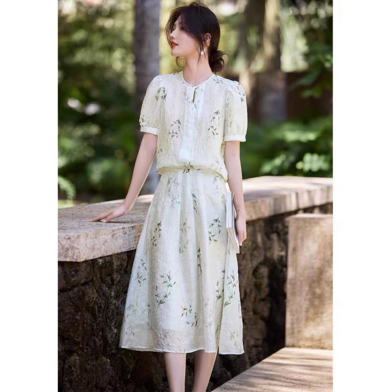 Пятно новый китайский стиль набор с принтом в стиле женский летний элегантный темперамент текстура топ юбка из двух частей