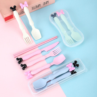 Creative Wheat Straw Portable Tableware Set Knife, Fork and Spoon Chopsticks Four-piece Tableware Set for Students