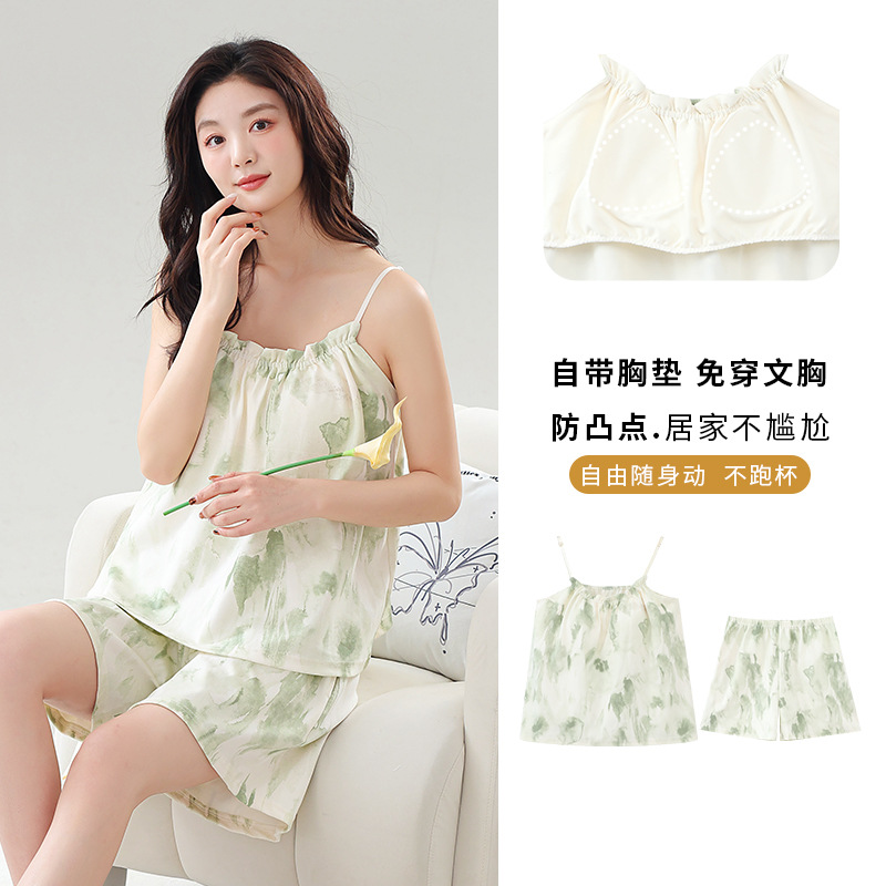 Pajamas Summer Sling Shorts suit Shoulder Strap Adjustable Summer Pure Cotton Thin Girl Princess Home Clothes with Chest Pad