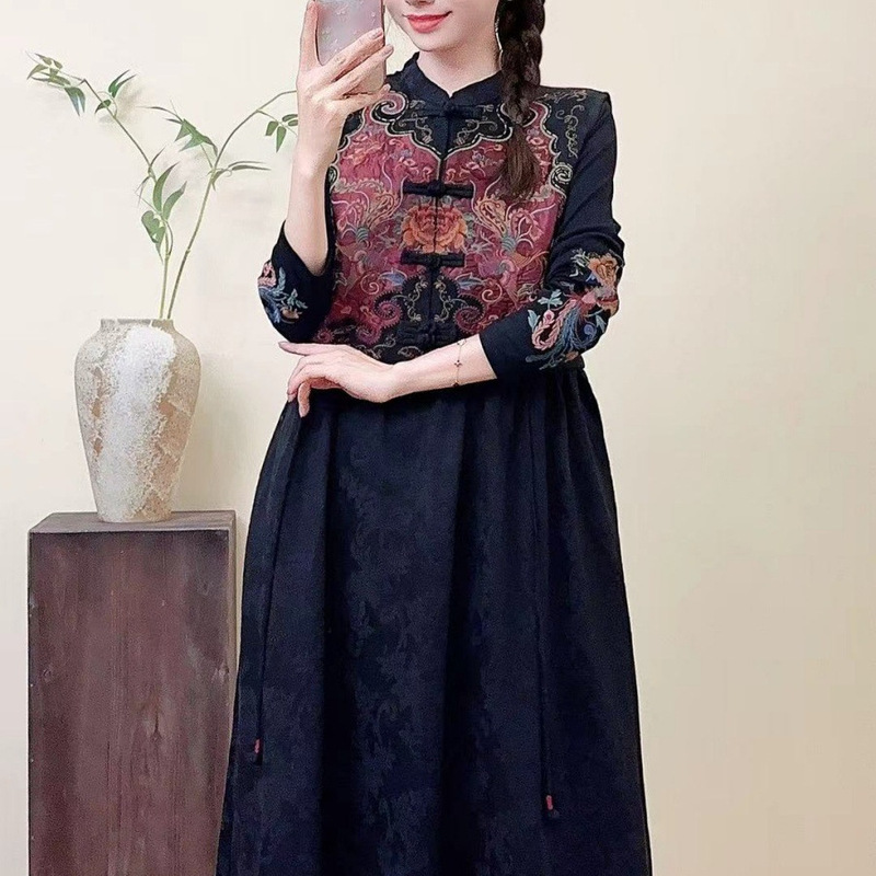 Spring and Autumn Chinese Style Heavy Embroidery Women's Dress Sleeveless Extended Length Cotton Linen Jacquard Women's Tank Dress
