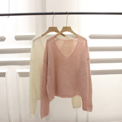 韓国の秋の服の新型vネックの純色はゆったりしています。